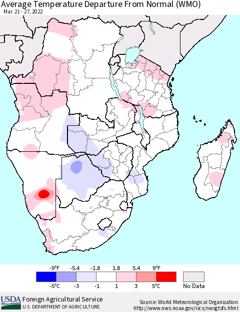 Southern Africa Average Temperature Departure from Normal (WMO) Thematic Map For 3/21/2022 - 3/27/2022