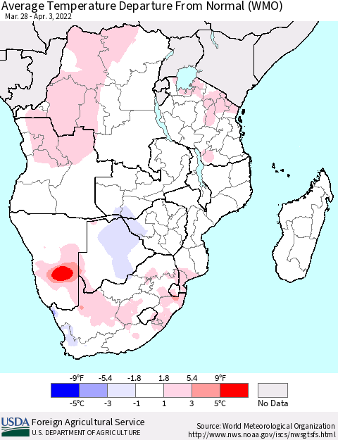 Southern Africa Average Temperature Departure from Normal (WMO) Thematic Map For 3/28/2022 - 4/3/2022