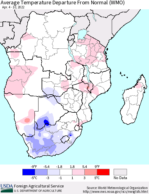 Southern Africa Average Temperature Departure from Normal (WMO) Thematic Map For 4/4/2022 - 4/10/2022