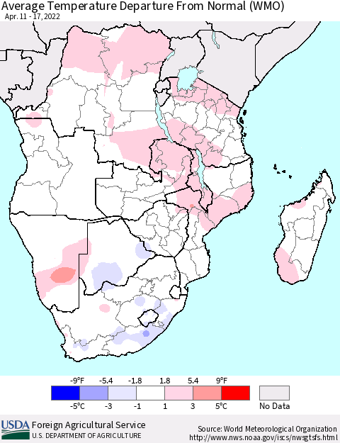 Southern Africa Average Temperature Departure from Normal (WMO) Thematic Map For 4/11/2022 - 4/17/2022