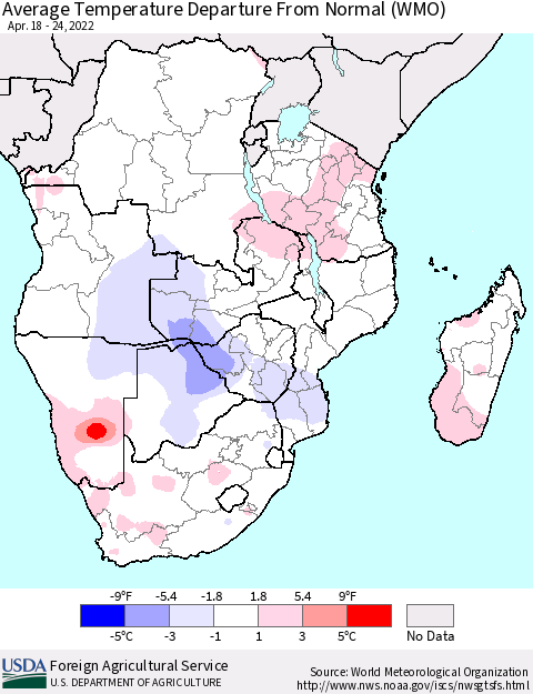 Southern Africa Average Temperature Departure from Normal (WMO) Thematic Map For 4/18/2022 - 4/24/2022