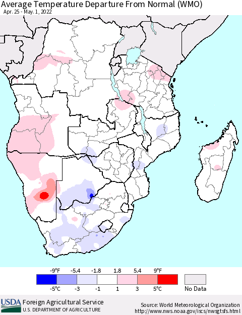 Southern Africa Average Temperature Departure from Normal (WMO) Thematic Map For 4/25/2022 - 5/1/2022
