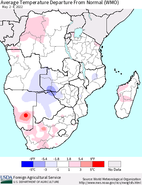 Southern Africa Average Temperature Departure from Normal (WMO) Thematic Map For 5/2/2022 - 5/8/2022