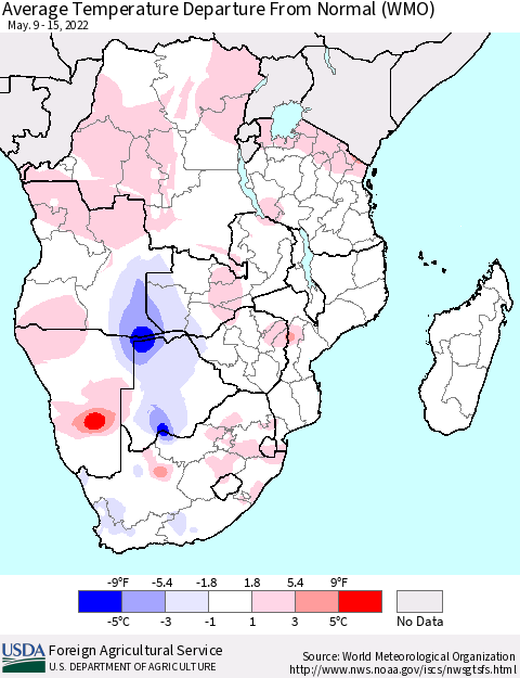 Southern Africa Average Temperature Departure from Normal (WMO) Thematic Map For 5/9/2022 - 5/15/2022