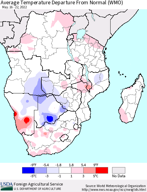 Southern Africa Average Temperature Departure from Normal (WMO) Thematic Map For 5/16/2022 - 5/22/2022
