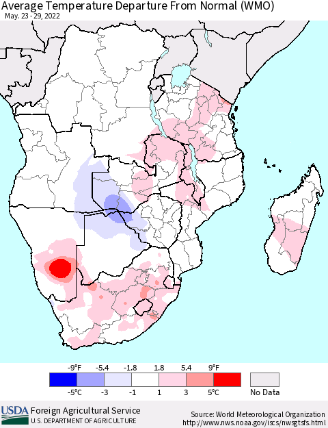 Southern Africa Average Temperature Departure from Normal (WMO) Thematic Map For 5/23/2022 - 5/29/2022