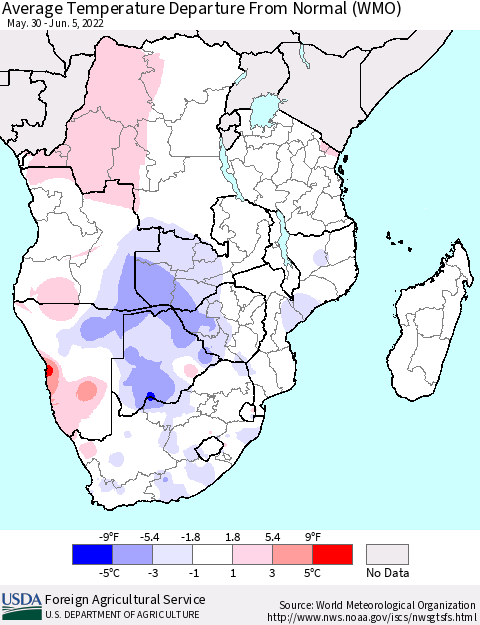 Southern Africa Average Temperature Departure from Normal (WMO) Thematic Map For 5/30/2022 - 6/5/2022