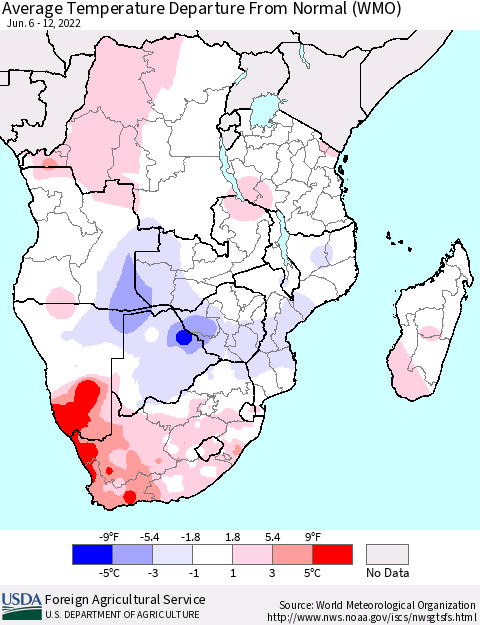 Southern Africa Average Temperature Departure from Normal (WMO) Thematic Map For 6/6/2022 - 6/12/2022