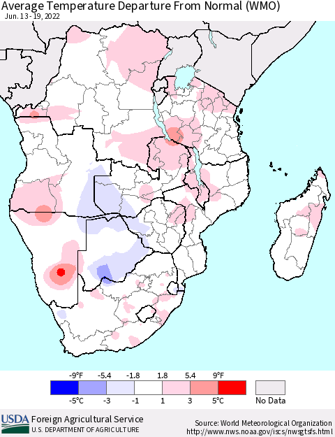 Southern Africa Average Temperature Departure from Normal (WMO) Thematic Map For 6/13/2022 - 6/19/2022