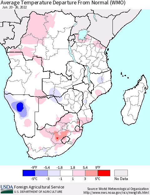 Southern Africa Average Temperature Departure from Normal (WMO) Thematic Map For 6/20/2022 - 6/26/2022