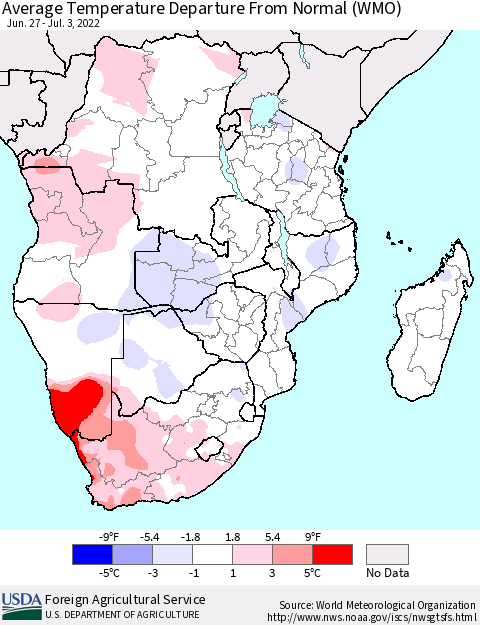 Southern Africa Average Temperature Departure from Normal (WMO) Thematic Map For 6/27/2022 - 7/3/2022