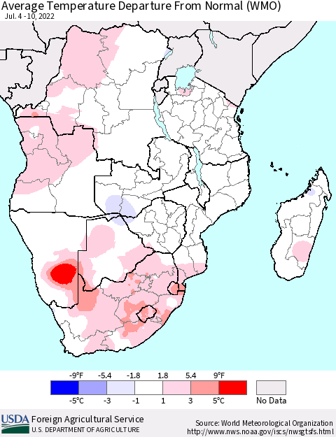 Southern Africa Average Temperature Departure from Normal (WMO) Thematic Map For 7/4/2022 - 7/10/2022