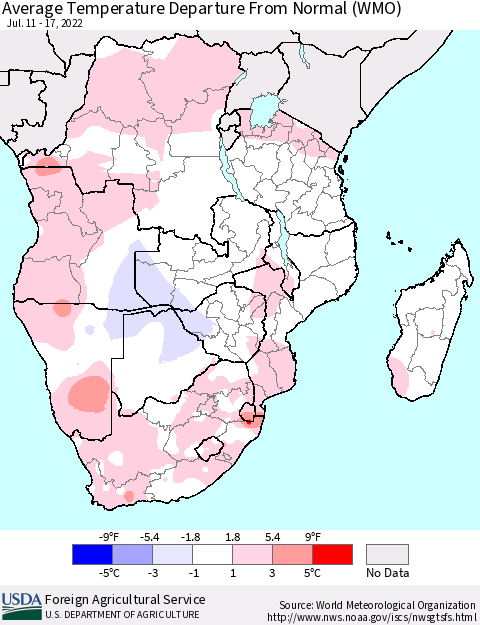 Southern Africa Average Temperature Departure from Normal (WMO) Thematic Map For 7/11/2022 - 7/17/2022