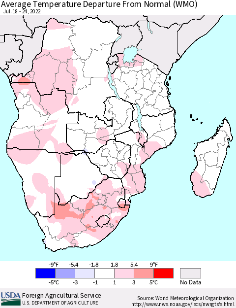 Southern Africa Average Temperature Departure from Normal (WMO) Thematic Map For 7/18/2022 - 7/24/2022