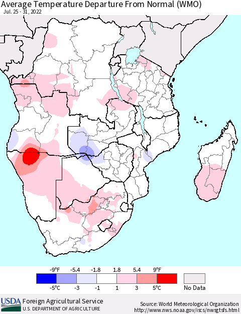 Southern Africa Average Temperature Departure from Normal (WMO) Thematic Map For 7/25/2022 - 7/31/2022