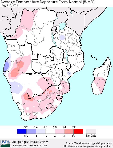 Southern Africa Average Temperature Departure from Normal (WMO) Thematic Map For 8/1/2022 - 8/7/2022