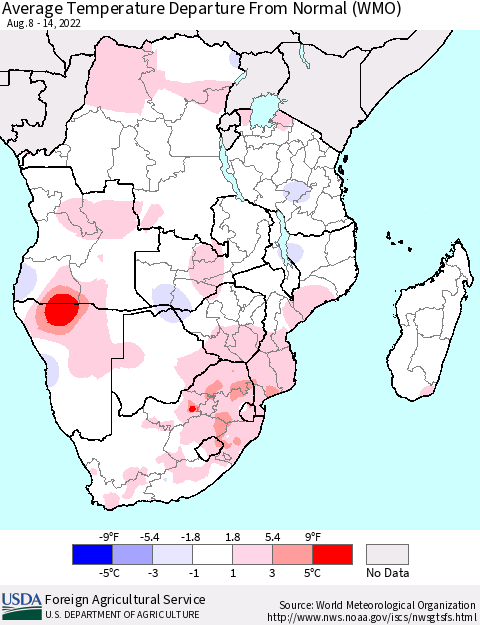 Southern Africa Average Temperature Departure from Normal (WMO) Thematic Map For 8/8/2022 - 8/14/2022
