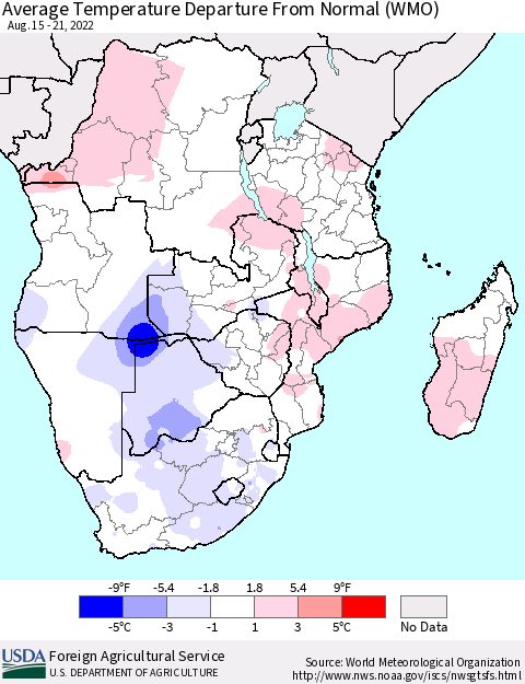 Southern Africa Average Temperature Departure from Normal (WMO) Thematic Map For 8/15/2022 - 8/21/2022