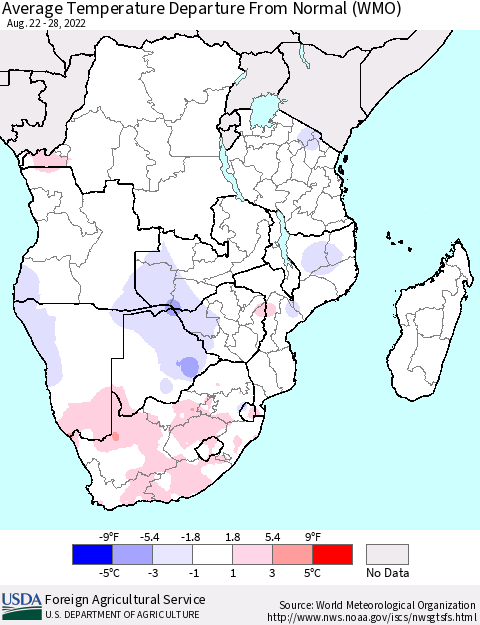 Southern Africa Average Temperature Departure from Normal (WMO) Thematic Map For 8/22/2022 - 8/28/2022