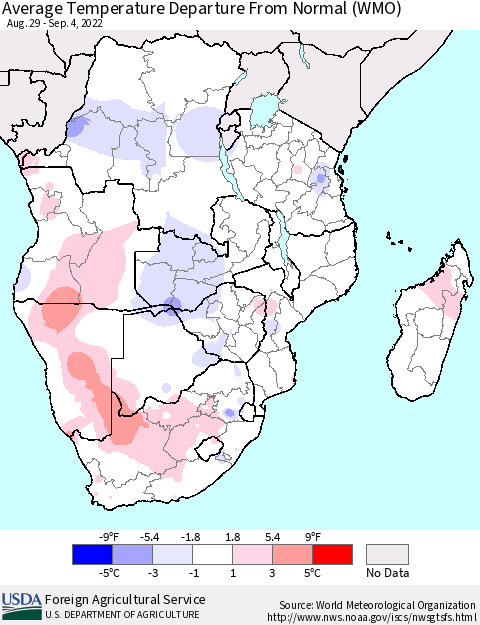 Southern Africa Average Temperature Departure from Normal (WMO) Thematic Map For 8/29/2022 - 9/4/2022