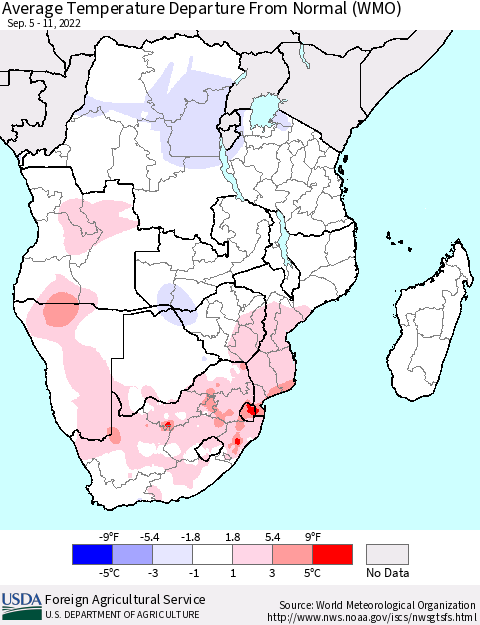 Southern Africa Average Temperature Departure from Normal (WMO) Thematic Map For 9/5/2022 - 9/11/2022