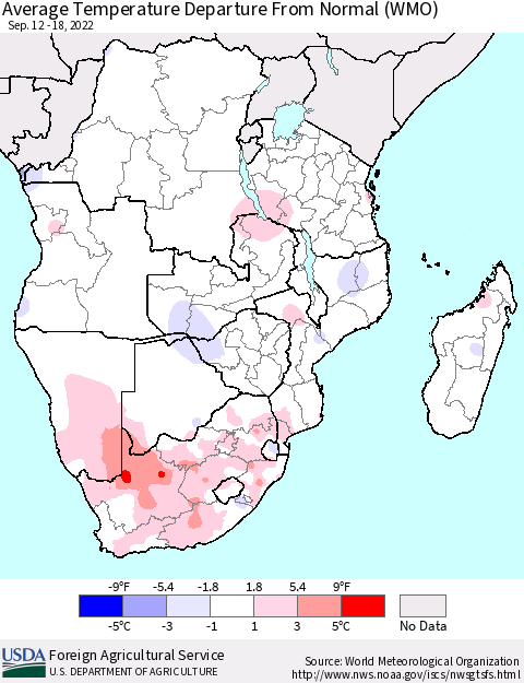 Southern Africa Average Temperature Departure from Normal (WMO) Thematic Map For 9/12/2022 - 9/18/2022