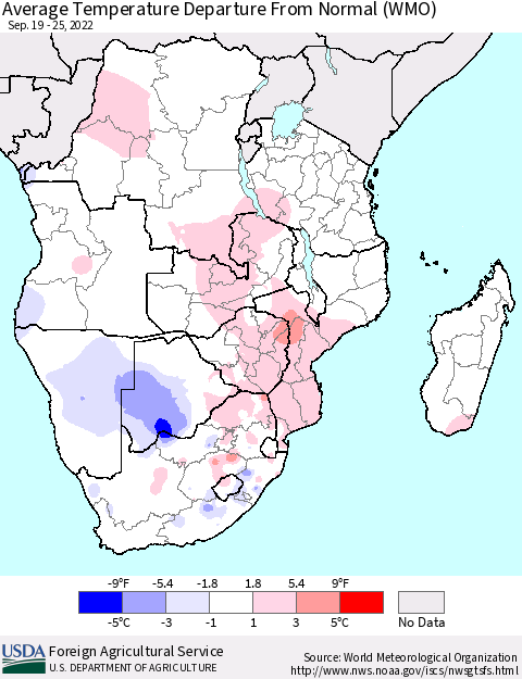 Southern Africa Average Temperature Departure from Normal (WMO) Thematic Map For 9/19/2022 - 9/25/2022
