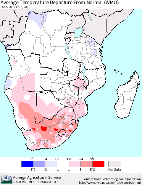 Southern Africa Average Temperature Departure from Normal (WMO) Thematic Map For 9/26/2022 - 10/2/2022