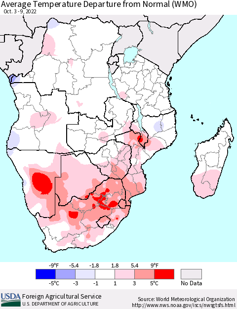 Southern Africa Average Temperature Departure from Normal (WMO) Thematic Map For 10/3/2022 - 10/9/2022