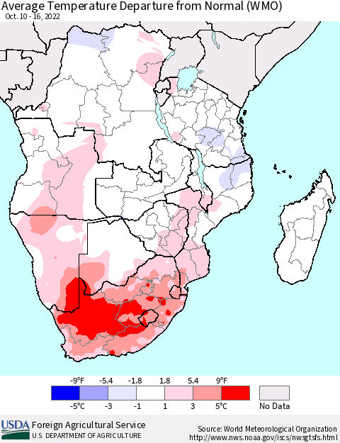 Southern Africa Average Temperature Departure from Normal (WMO) Thematic Map For 10/10/2022 - 10/16/2022