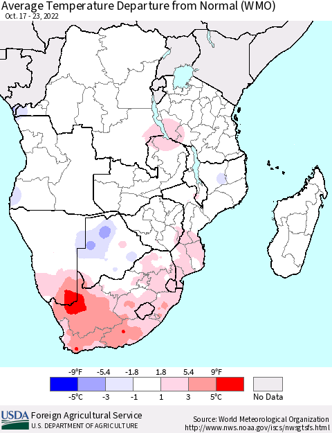 Southern Africa Average Temperature Departure from Normal (WMO) Thematic Map For 10/17/2022 - 10/23/2022