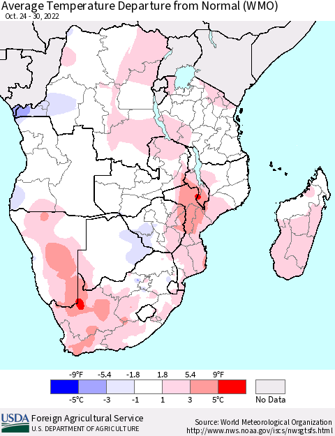 Southern Africa Average Temperature Departure from Normal (WMO) Thematic Map For 10/24/2022 - 10/30/2022
