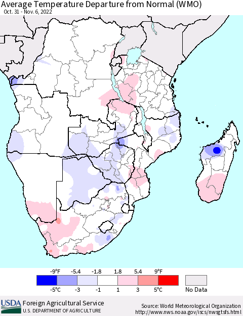 Southern Africa Average Temperature Departure from Normal (WMO) Thematic Map For 10/31/2022 - 11/6/2022