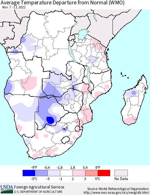 Southern Africa Average Temperature Departure from Normal (WMO) Thematic Map For 11/7/2022 - 11/13/2022