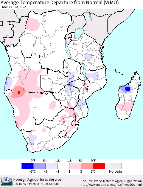 Southern Africa Average Temperature Departure from Normal (WMO) Thematic Map For 11/14/2022 - 11/20/2022