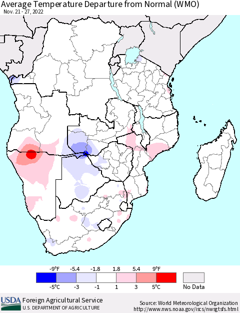 Southern Africa Average Temperature Departure from Normal (WMO) Thematic Map For 11/21/2022 - 11/27/2022
