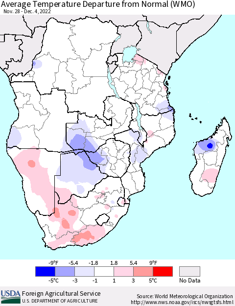 Southern Africa Average Temperature Departure from Normal (WMO) Thematic Map For 11/28/2022 - 12/4/2022