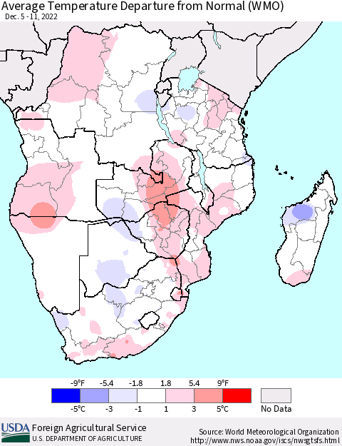 Southern Africa Average Temperature Departure from Normal (WMO) Thematic Map For 12/5/2022 - 12/11/2022