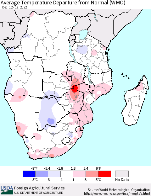 Southern Africa Average Temperature Departure from Normal (WMO) Thematic Map For 12/12/2022 - 12/18/2022