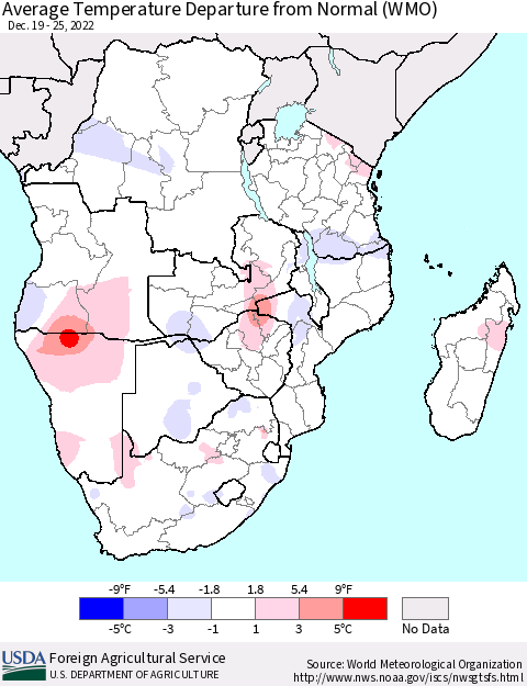 Southern Africa Average Temperature Departure from Normal (WMO) Thematic Map For 12/19/2022 - 12/25/2022