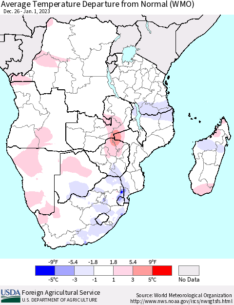 Southern Africa Average Temperature Departure from Normal (WMO) Thematic Map For 12/26/2022 - 1/1/2023
