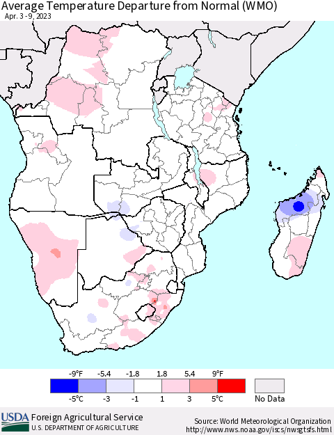 Southern Africa Average Temperature Departure from Normal (WMO) Thematic Map For 4/3/2023 - 4/9/2023