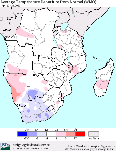 Southern Africa Average Temperature Departure from Normal (WMO) Thematic Map For 4/10/2023 - 4/16/2023