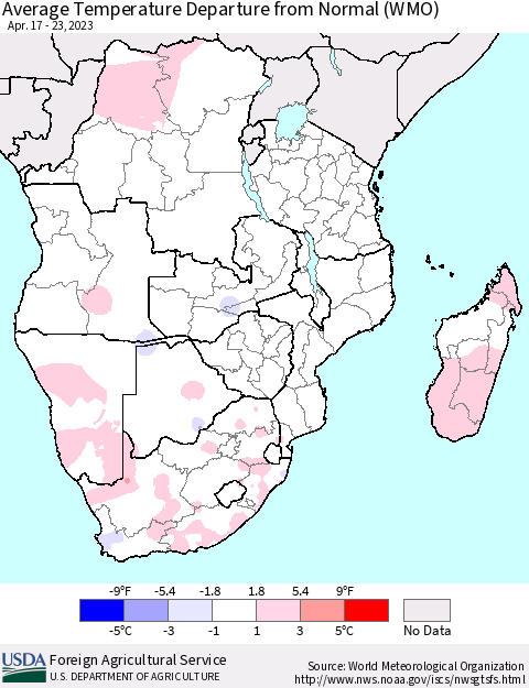 Southern Africa Average Temperature Departure from Normal (WMO) Thematic Map For 4/17/2023 - 4/23/2023