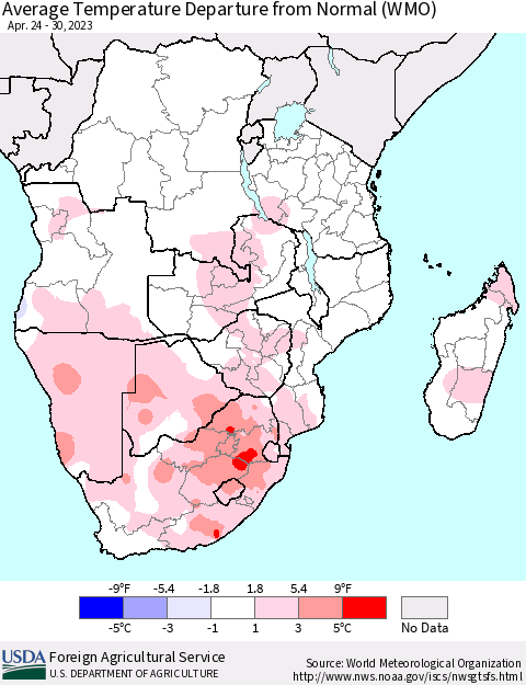 Southern Africa Average Temperature Departure from Normal (WMO) Thematic Map For 4/24/2023 - 4/30/2023