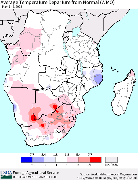 Southern Africa Average Temperature Departure from Normal (WMO) Thematic Map For 5/1/2023 - 5/7/2023