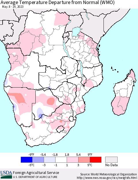 Southern Africa Average Temperature Departure from Normal (WMO) Thematic Map For 5/8/2023 - 5/14/2023