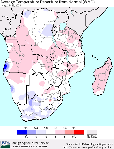 Southern Africa Average Temperature Departure from Normal (WMO) Thematic Map For 5/15/2023 - 5/21/2023