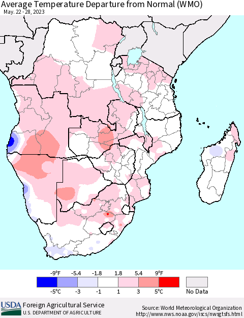 Southern Africa Average Temperature Departure from Normal (WMO) Thematic Map For 5/22/2023 - 5/28/2023