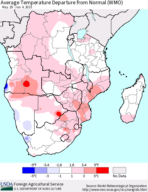 Southern Africa Average Temperature Departure from Normal (WMO) Thematic Map For 5/29/2023 - 6/4/2023